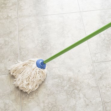 Wide mop next to Zoflora used in yellow bucket