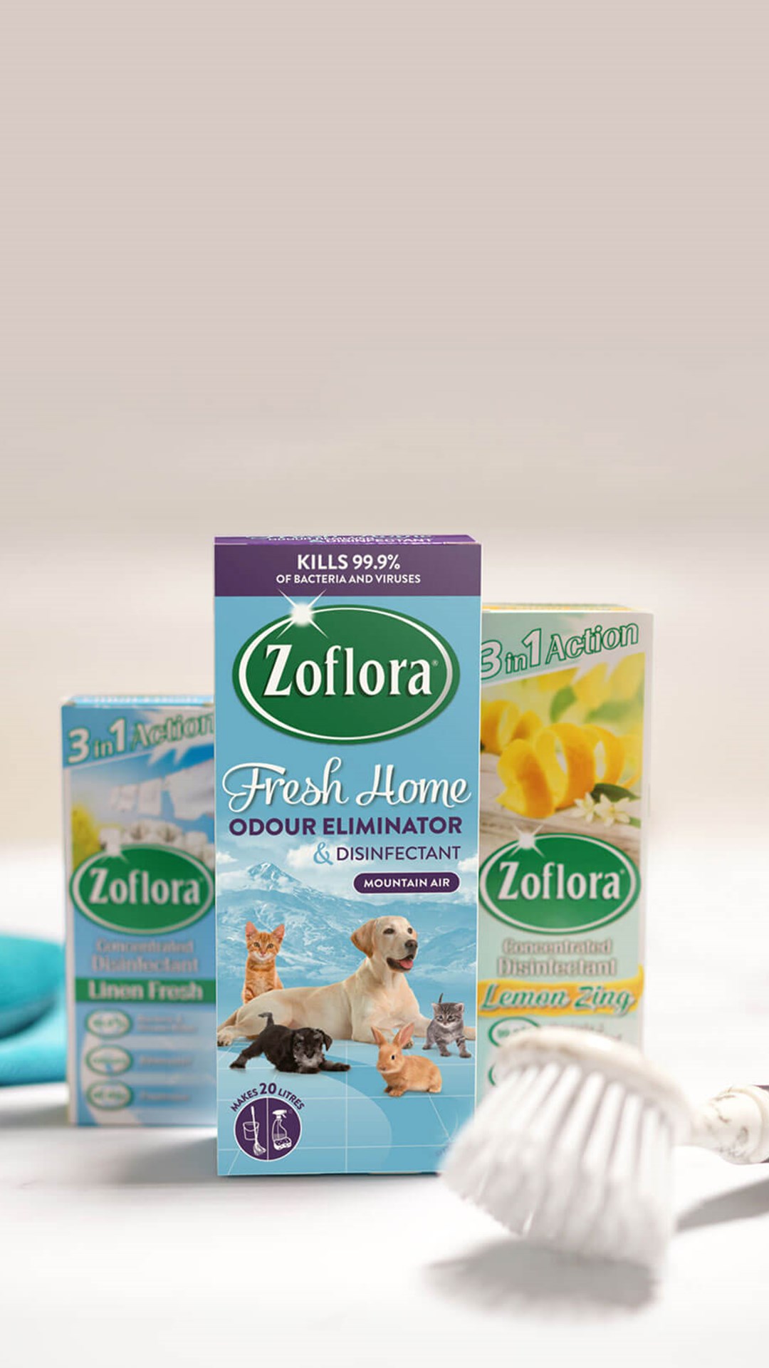 Zolflora products next to white washing brush