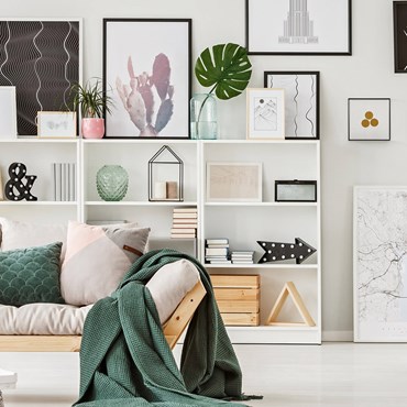 Living room shelves behind sofa